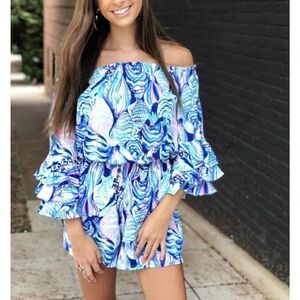 Lilly Pulitzer Calla Off Shoulder Romper Twilight Blue Scale Up Sz XS